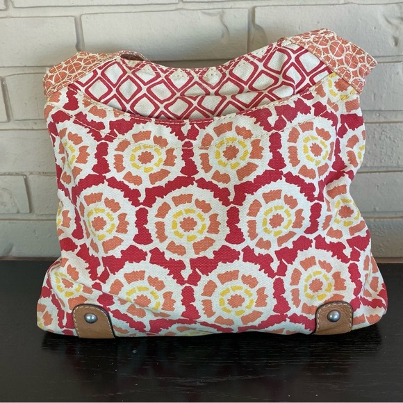 FOSSIL Vintage Leather Canvas Geometric Tote Shoulder Bag Boho Casual Key Charm - Picture 5 of 10